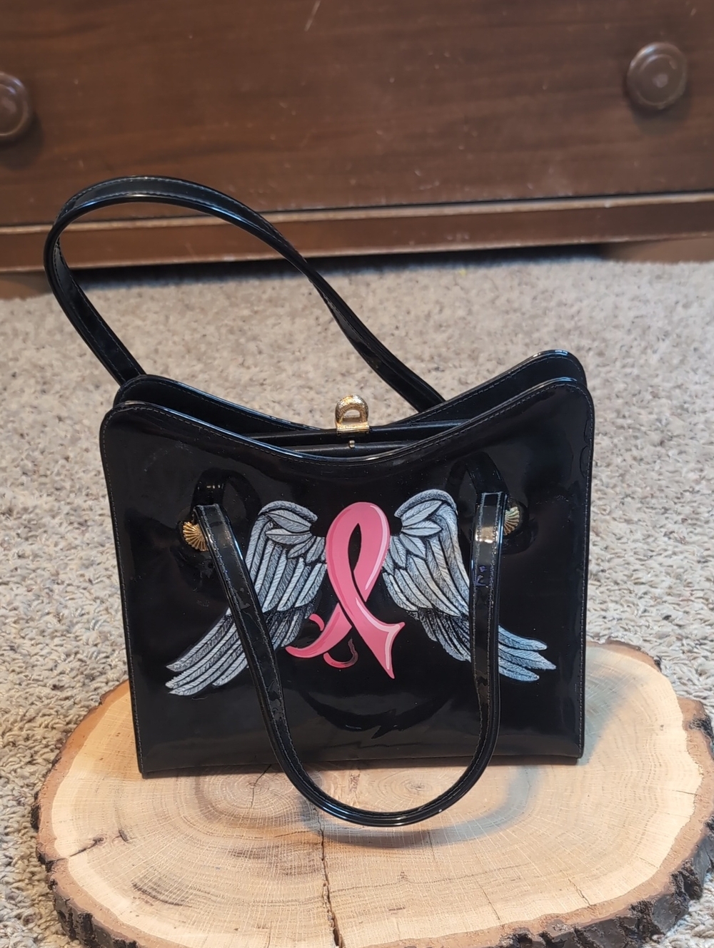 Black Patent Leather Purse Pink Ribbon & Wings Breast Cancer Artist Painted